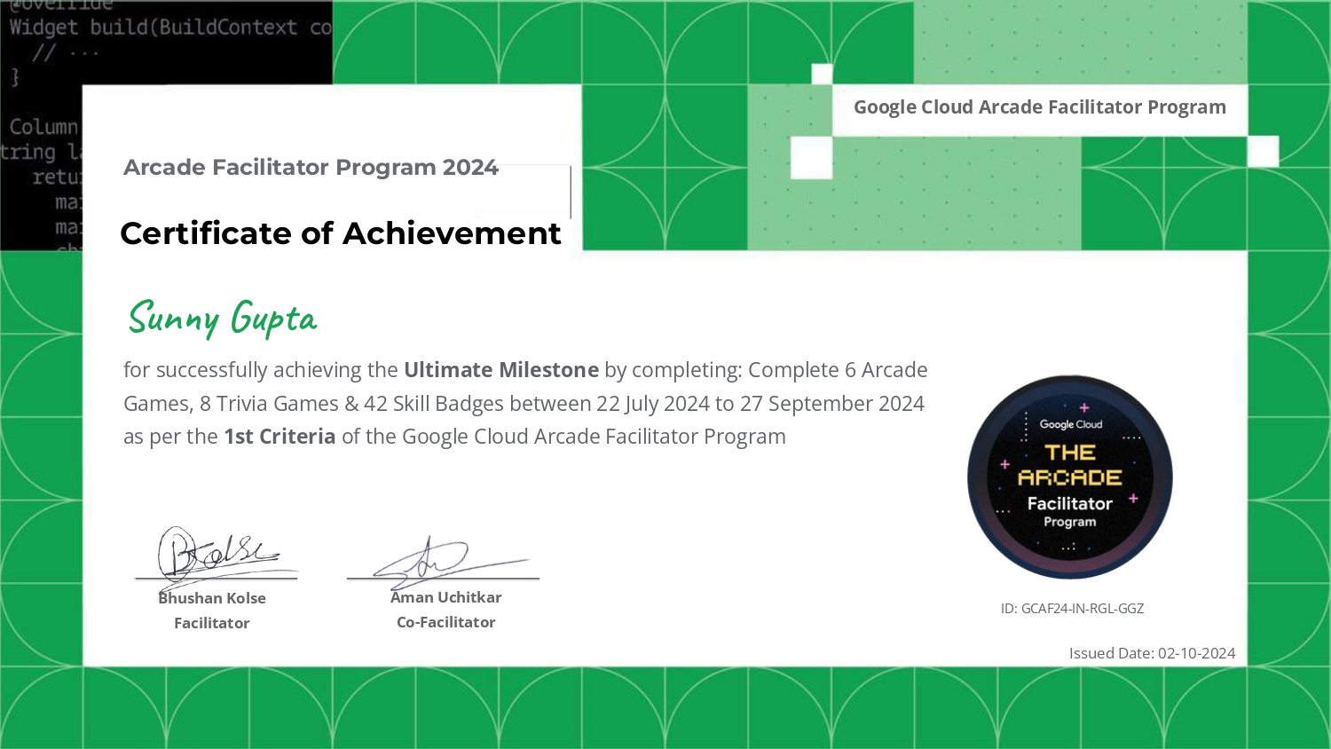 Google Cloud Arcade Facilitator Program Certificate of Achievement